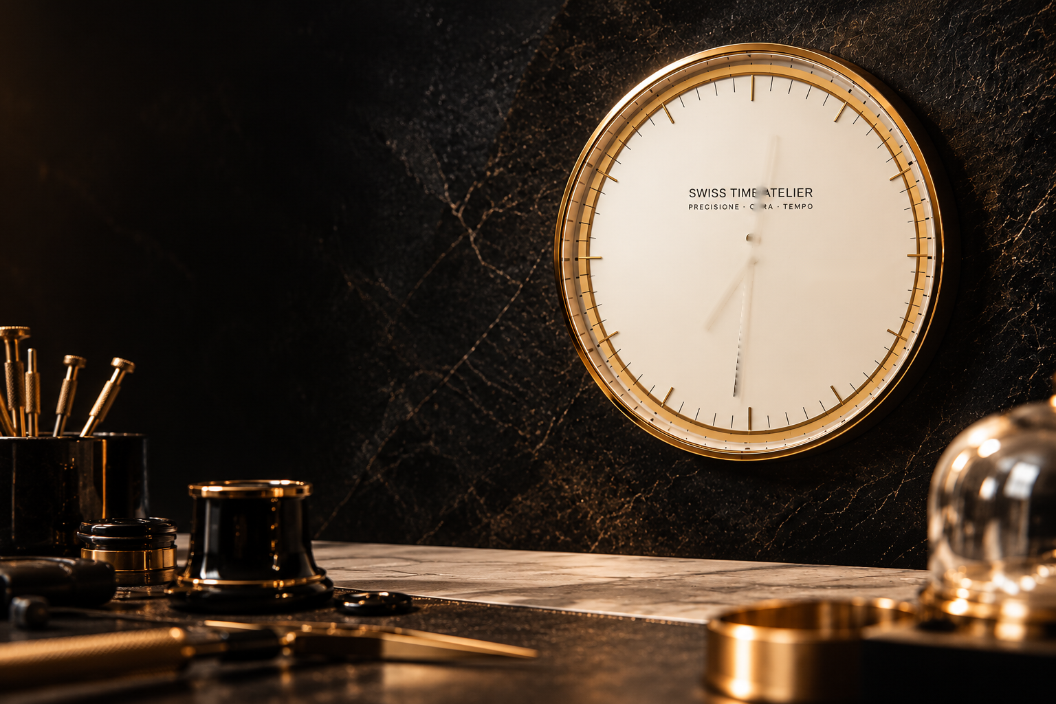 Orologio da parete con quadrante avorio e cornice dorata nell’atelier di orologeria